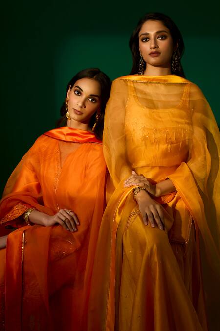 Buy_Meesa_Orange Kurta And Pant Chanderi Silk Hand Embroidered Crystal Set  