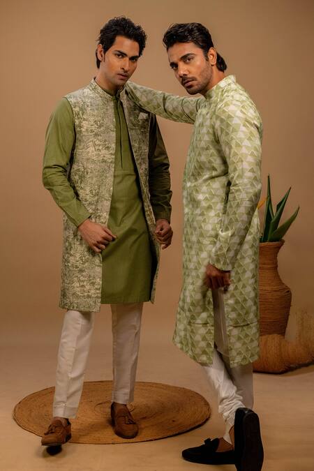 Agape_Green Muslin Printed Geometric Leaf Applique Kurta And Churidar Set_Online_at_Aza_Fashions