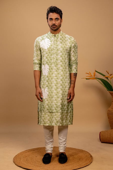 Shop_Agape_Green Muslin Printed Geometric Leaf Applique Kurta And Churidar Set_Online_at_Aza_Fashions