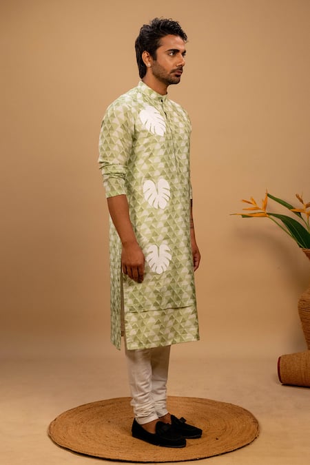 Agape_Green Muslin Printed Geometric Leaf Applique Kurta And Churidar Set_at_Aza_Fashions