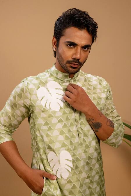 Buy_Agape_Green Muslin Printed Geometric Leaf Applique Kurta And Churidar Set