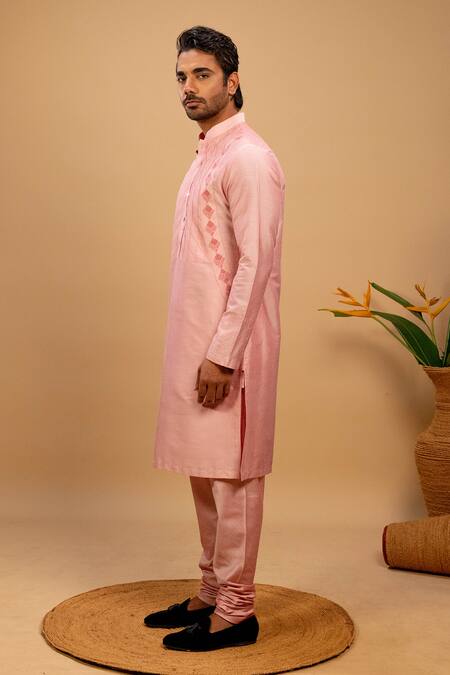 Agape Pink Cotton Silk Cross Pintucked Yoke Kurta And Churidar Set Online at Aza Fashions Agape_Pink Cotton Silk Cross Pintucked Yoke Kurta And Churidar Set_Online_at_Aza_Fashions