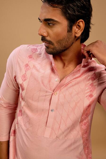 Buy Agape Pink Cotton Silk Cross Pintucked Yoke Kurta And Churidar Set Buy_Agape_Pink Cotton Silk Cross Pintucked Yoke Kurta And Churidar Set