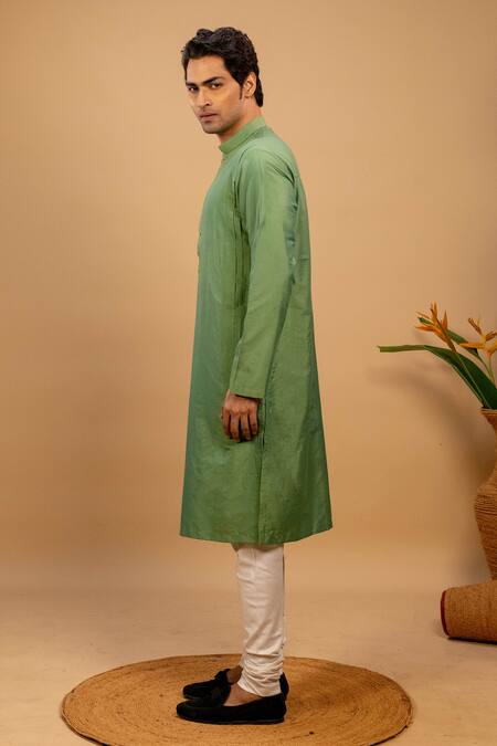 Agape_Green Cotton Silk Pleated Panel Kurta And Churidar Set_Online_at_Aza_Fashions
