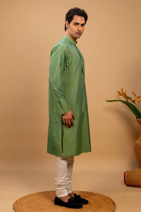 Buy_Agape_Green Cotton Silk Pleated Panel Kurta And Churidar Set_Online_at_Aza_Fashions