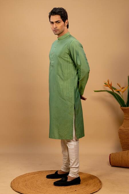 Shop_Agape_Green Cotton Silk Pleated Panel Kurta And Churidar Set_Online_at_Aza_Fashions