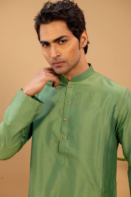 Agape_Green Cotton Silk Pleated Panel Kurta And Churidar Set_at_Aza_Fashions