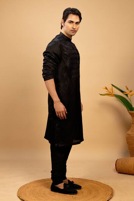 Buy_Agape_Black Cotton Pintuck Yoked Kurta And Churidar Set_Online_at_Aza_Fashions