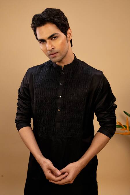 Shop_Agape_Black Cotton Pintuck Yoked Kurta And Churidar Set_Online_at_Aza_Fashions