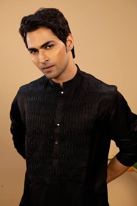 Agape_Black Cotton Pintuck Yoked Kurta And Churidar Set_at_Aza_Fashions