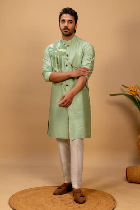 Agape Green Cotton Silk Geometric Motif Achkan Kurta And Trouser Set 