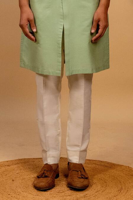 Agape_Green Cotton Silk Geometric Motif Achkan Kurta And Trouser Set_Online_at_Aza_Fashions