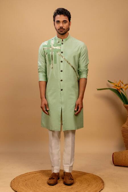 Buy_Agape_Green Cotton Silk Geometric Motif Achkan Kurta And Trouser Set_Online_at_Aza_Fashions