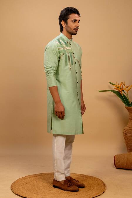 Shop_Agape_Green Cotton Silk Geometric Motif Achkan Kurta And Trouser Set_Online_at_Aza_Fashions