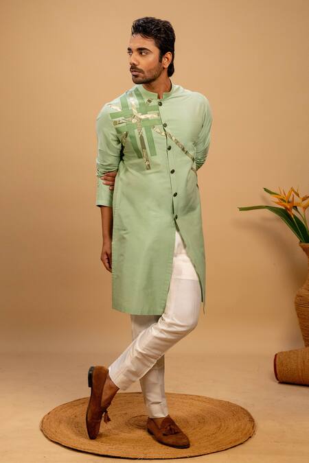 Agape_Green Cotton Silk Geometric Motif Achkan Kurta And Trouser Set_at_Aza_Fashions