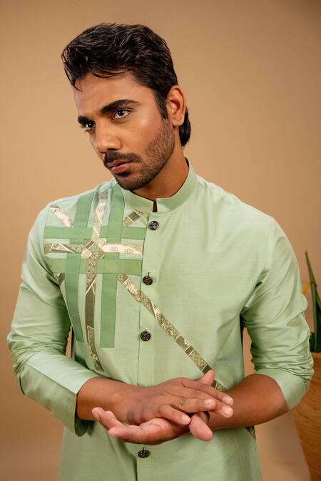 Buy_Agape_Green Cotton Silk Geometric Motif Achkan Kurta And Trouser Set