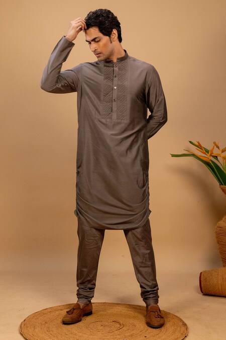 Shop Agape Grey Cotton Silk Quilt Embroidered Placket Kurta And Churidar Set at Aza Fashions Shop_Agape_Grey Cotton Silk Quilt Embroidered Placket Kurta And Churidar Set_at_Aza_Fashions