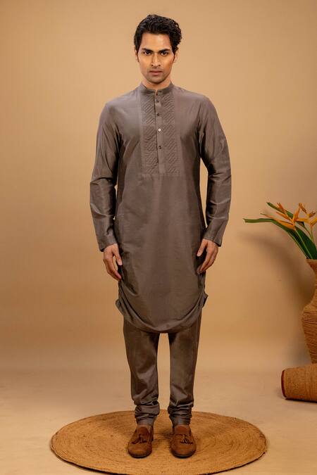 Buy Agape Grey Cotton Silk Quilt Embroidered Placket Kurta And Churidar Set Online at Aza Fashions Buy_Agape_Grey Cotton Silk Quilt Embroidered Placket Kurta And Churidar Set_Online_at_Aza_Fashions