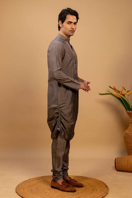 Shop Agape Grey Cotton Silk Quilt Embroidered Placket Kurta And Churidar Set Online at Aza Fashions Shop_Agape_Grey Cotton Silk Quilt Embroidered Placket Kurta And Churidar Set_Online_at_Aza_Fashions