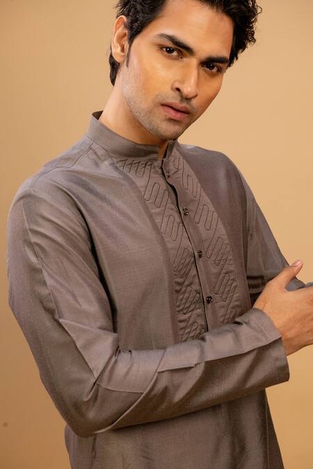Buy Agape Grey Cotton Silk Quilt Embroidered Placket Kurta And Churidar Set Buy_Agape_Grey Cotton Silk Quilt Embroidered Placket Kurta And Churidar Set