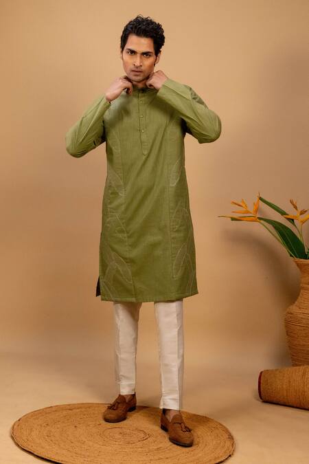 Buy Agape Green Cotton Embroidered Thread Quilted Kurta And Churidar Set Online at Aza Fashions Buy_Agape_Green Cotton Embroidered Thread Quilted Kurta And Churidar Set_Online_at_Aza_Fashions
