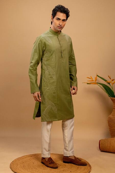 Shop Agape Green Cotton Embroidered Thread Quilted Kurta And Churidar Set Online at Aza Fashions Shop_Agape_Green Cotton Embroidered Thread Quilted Kurta And Churidar Set_Online_at_Aza_Fashions