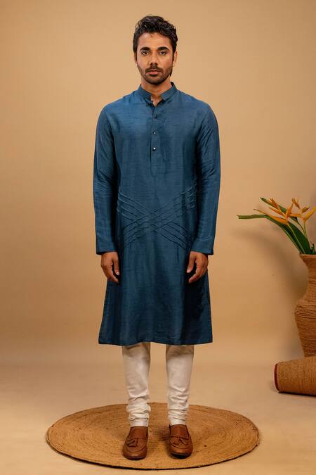 Agape_Blue Silk Criss Cross Quilted Kurta And Churidar Set_Online_at_Aza_Fashions