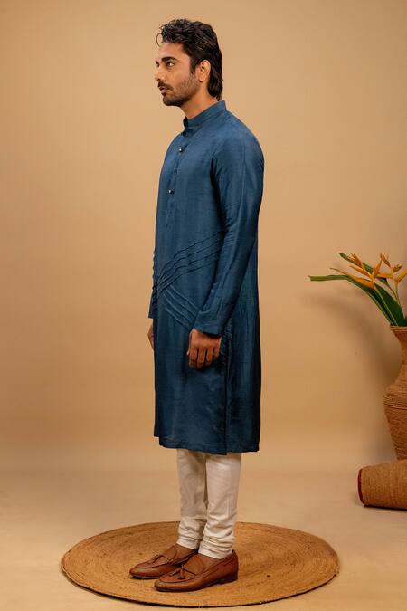 Shop_Agape_Blue Silk Criss Cross Quilted Kurta And Churidar Set_Online_at_Aza_Fashions