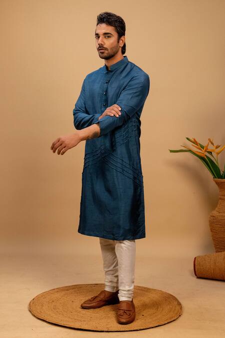 Agape_Blue Silk Criss Cross Quilted Kurta And Churidar Set_at_Aza_Fashions