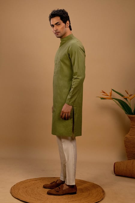Agape_Green Silk Pleated Kurta And Trouser Set_Online_at_Aza_Fashions