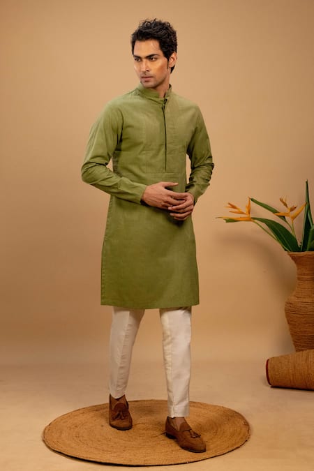 Agape_Green Silk Pleated Kurta And Trouser Set_at_Aza_Fashions