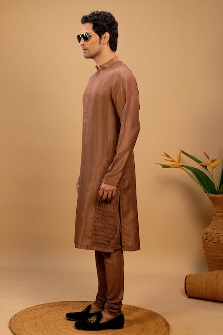 Agape_Brown Silk Pintucked Kurta And Churidar Set_Online_at_Aza_Fashions