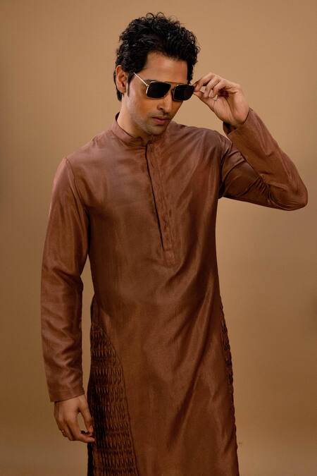 Agape_Brown Silk Pintucked Kurta And Churidar Set_at_Aza_Fashions