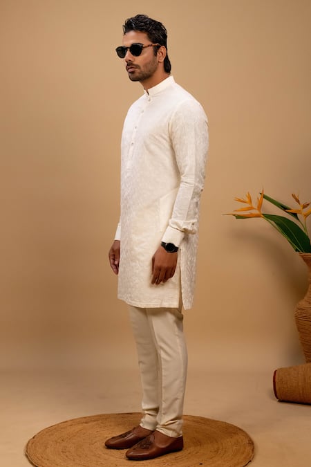 Agape_Ivory Silk Embroidered Thread On Kurta And Churidar Set_Online_at_Aza_Fashions
