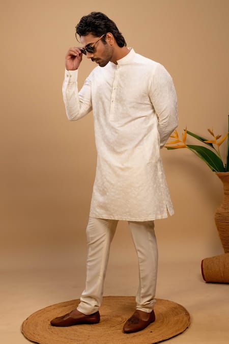 Buy_Agape_Ivory Silk Embroidered Thread On Kurta And Churidar Set_Online_at_Aza_Fashions