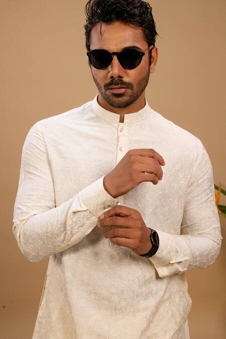 Agape_Ivory Silk Embroidered Thread On Kurta And Churidar Set_at_Aza_Fashions