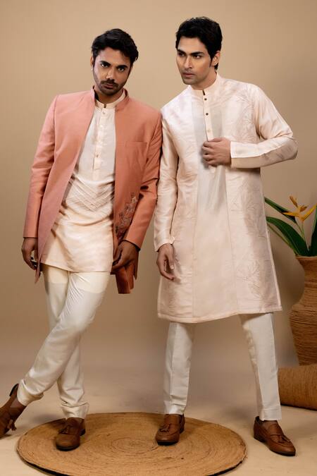 Agape_Peach Silk Embroidered Floral Bird Motif Kurta And Pyjama Set_Online_at_Aza_Fashions