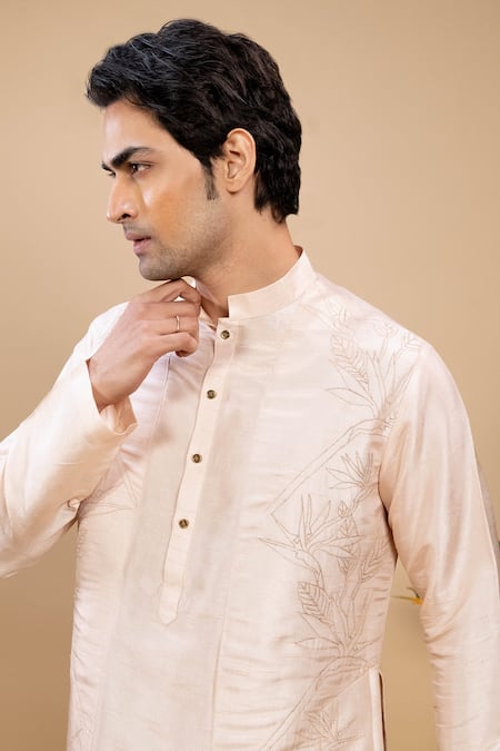 Shop_Agape_Peach Silk Embroidered Floral Bird Motif Kurta And Pyjama Set_Online_at_Aza_Fashions