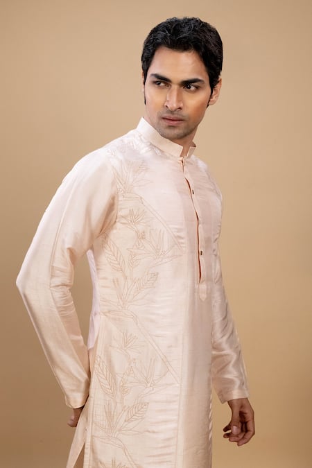 Agape_Peach Silk Embroidered Floral Bird Motif Kurta And Pyjama Set_at_Aza_Fashions