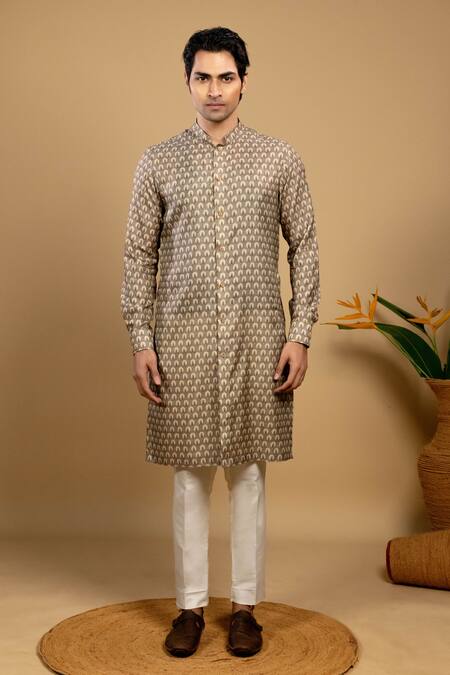 Agape_Brown Muslin Printed Shirt Kurta And Trouser Set_Online_at_Aza_Fashions