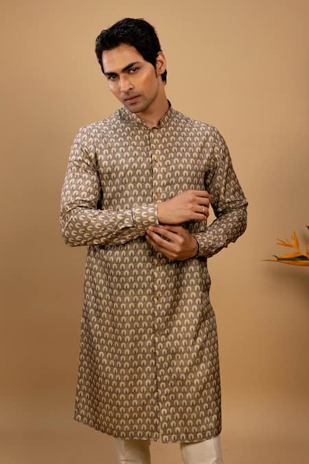 Shop_Agape_Brown Muslin Printed Shirt Kurta And Trouser Set_Online_at_Aza_Fashions