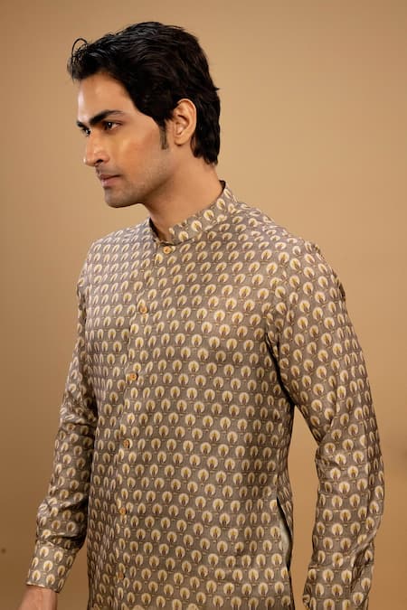 Agape_Brown Muslin Printed Shirt Kurta And Trouser Set_at_Aza_Fashions