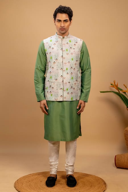 Agape_Green Cotton, Silk Embroidery Kurta Set With Bundi And Churidar_Online_at_Aza_Fashions