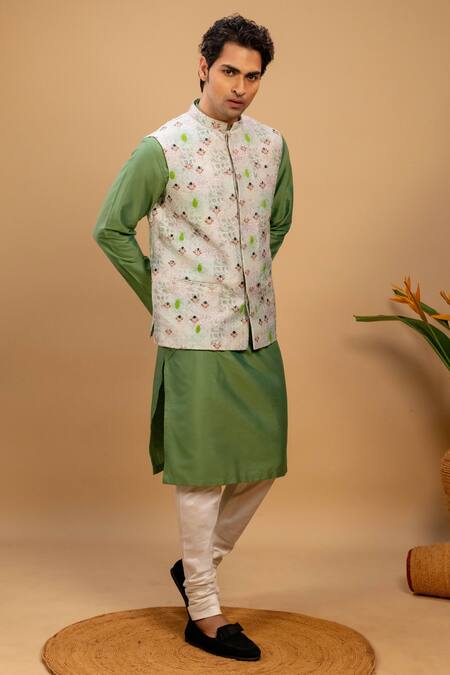 Shop_Agape_Green Cotton, Silk Embroidery Kurta Set With Bundi And Churidar_Online_at_Aza_Fashions