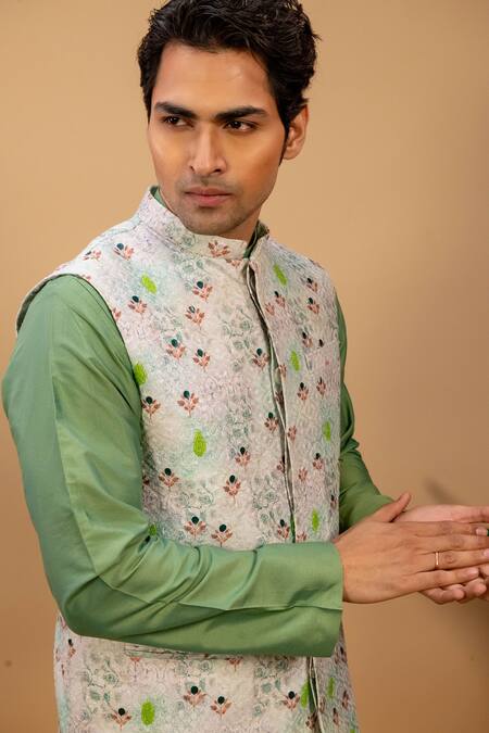 Agape_Green Cotton, Silk Embroidery Kurta Set With Bundi And Churidar_at_Aza_Fashions