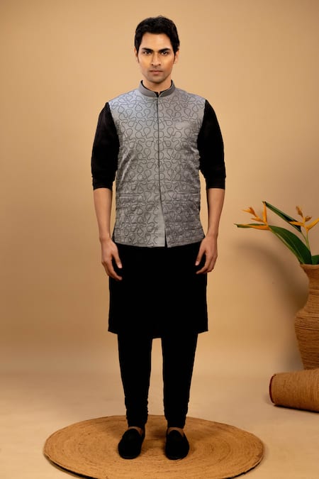 Agape_Black Cotton Satin, Muslin Embroidery Thread Kurta Set_Online_at_Aza_Fashions