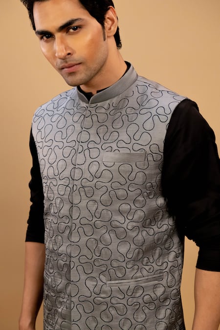 Agape_Black Cotton Satin, Muslin Embroidery Thread Kurta Set_at_Aza_Fashions