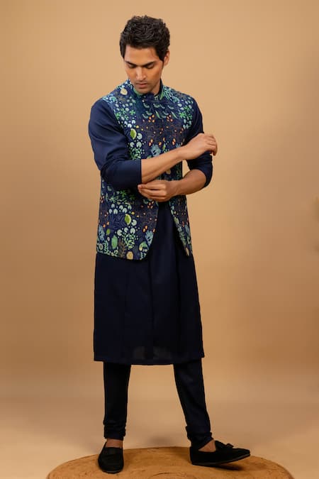 Agape Blue Cotton Printed Botanical Bundi Kurta Set 