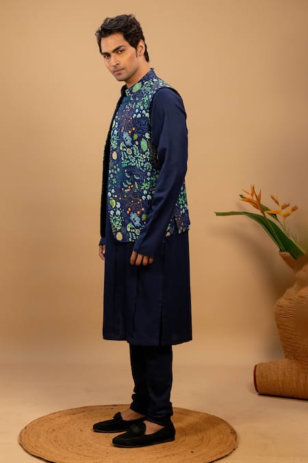 Agape_Blue Cotton Botanical Print Bundi Kurta Set _Online_at_Aza_Fashions