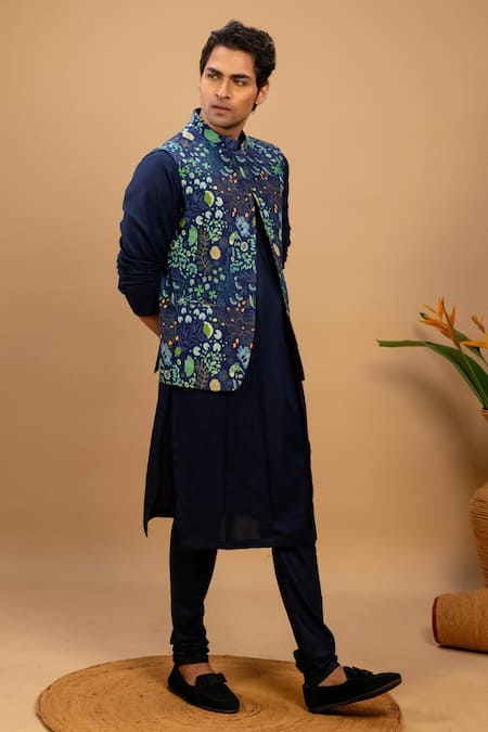 Shop_Agape_Blue Cotton Botanical Print Bundi Kurta Set _Online_at_Aza_Fashions
